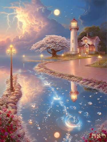 Home Path, warm color tone, pink, blue, golden (133x100 cm) Schilderij getiteld "Home Path, warm col…" door Asnat Unnger, Origineel Kunstwerk, Aquarel
