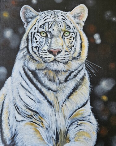 Картина под названием "Tigre blanc" - Remy Desmonts, Подлинное произведение искусства, Акрил Установлен на Деревянная рама д…