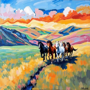 Herd of wild horses galloping across lush fields. "Herd of wild horses…" başlıklı Dijital Sanat Valery Maslov tarafından, Orijinal sanat, AI tarafından oluşturulan görüntü