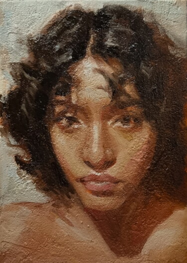 Female portrait in red 0625-01 「Female portrait in…」というタイトルの絵画 Artmoods Tpによって, オリジナルのアートワーク, オイル 段ボールにマウント