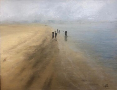 Painting titled "Cascáis" by Pipa Martín, Original Artwork, Oil Mounted on Wood Stretcher frame