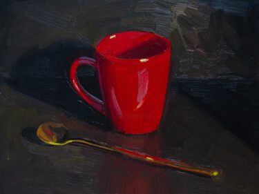 Still Life with Red Cup and Spoon Painting titled "Still Life with Red…" by Serhii Zavadenko, Original Artwork, Oil