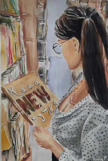 Busty Brunette in Bookstore Картина под названием "Busty Brunette in B…" - Pasha Laponog, Подлинное произведение искусства, Акварель