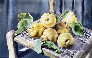 Still life with quince on the chair, watercolor