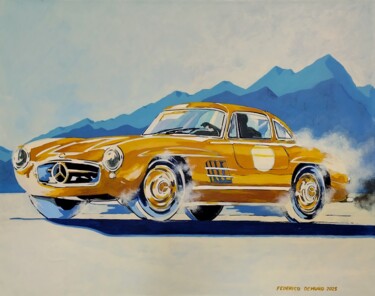 Картина под названием "Mercedes 300 SL gul…" - Federico De Muro, Подлинное произведение искусства, Акрил Установлен на Дерев…