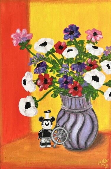 Bloom & Play – A Still Life Symphony with Mickey Painting titled "Bloom & Play – A St…" by Ilsy Khaff, Original Artwork, Acrylic