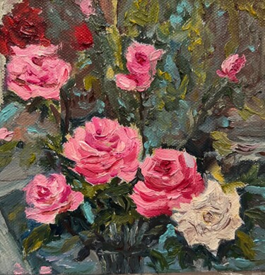 Schilderij getiteld "Roses" door Natalia Chernitsa, Origineel Kunstwerk, Olie Gemonteerd op Frame voor houten brancard