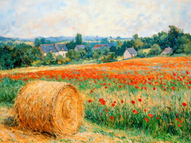 Golden Hay Bale in a Blooming Poppy Field Digitale Kunst getiteld "Golden Hay Bale in…" door Sergei Gundorov, Origineel Kunstwerk, Digitaal Schilderwerk