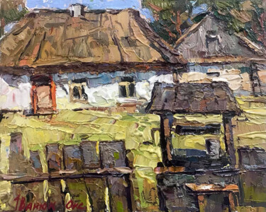 Sunny courtyard Schilderij getiteld "Sunny courtyard" door Oksana Ivanyuk, Origineel Kunstwerk, Olie Gemonteerd op Frame voor houten brancard