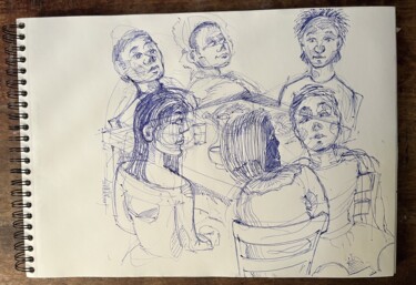 Disegno intitolato "La table d'à côté a…" da Frédéric Avez, Opera d'arte originale, Biro