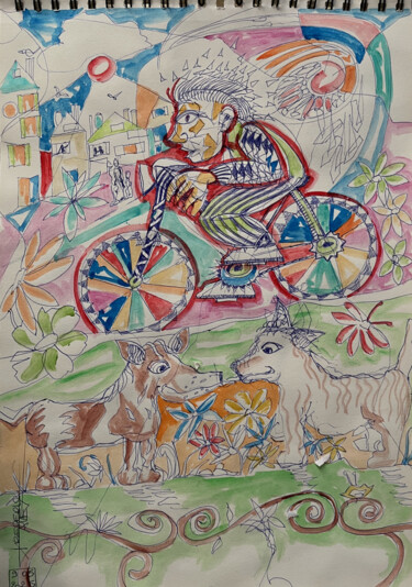 Disegno intitolato "2025 à vélo bientôt" da Frédéric Avez, Opera d'arte originale, Acrilico