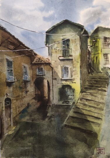 Картина под названием "Quiet courtyard" - Peter Bespalenok, Подлинное произведение искусства, Акварель