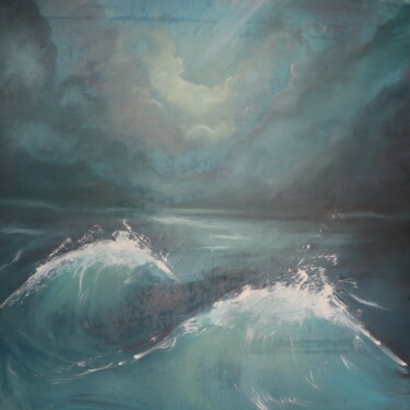 Painting titled "Mer sous la lumière" by Raphaëlle Dubrulle, Original Artwork, Oil Mounted on Wood Stretcher frame
