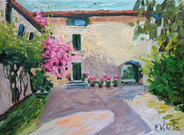 Italian Courtyard. Картина под названием "Italian Courtyard." - Zina Vysota, Подлинное произведение искусства, Масло Установлен на картон
