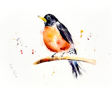 American Robin Watercolor – NYC Bird Inspired by Audubon 「American Robin Wate…」というタイトルの絵画 Luba Kholovによって, オリジナルのアートワーク, 水彩画