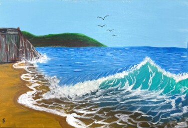 Peinture intitulée "Blue Wave on the Be…" par Divine, Œuvre d'art originale, Acrylique Monté sur Châssis en bois