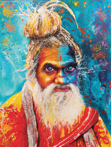 Painting titled "SADHU SUR LES GHATS…" by Jean-Michel Canal, Original Artwork, Acrylic Mounted on Wood Stretcher frame