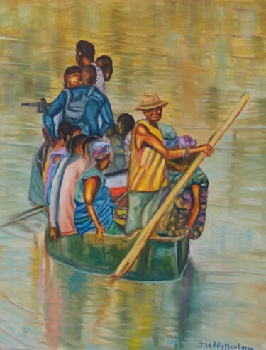 Canoa lotada de gente Pittura intitolato "Canoa lotada de gen…" da Freddy Monteiro Ovando, Opera d'arte originale, Olio