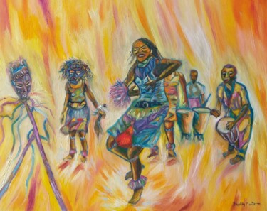Dança africana com máscara Pittura intitolato "Dança africana com…" da Freddy Monteiro Ovando, Opera d'arte originale, Olio