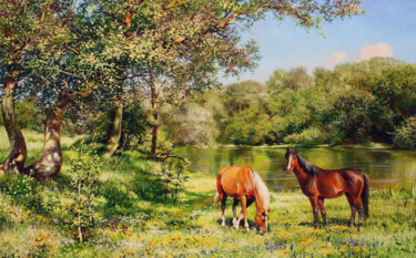 Картина под названием "Horses in the Meadow" - Serhii Kapran, Подлинное произведение искусства, Масло