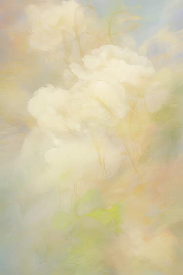 WHITE PEONIES ON A GOLDEN-PEACH AND SOFT BLUE BACKGROUND Цифровое искусство под названием "WHITE PEONIES ON A…" - Alena Shnaider, Подлинное произведение искусства, Цифровая живопись