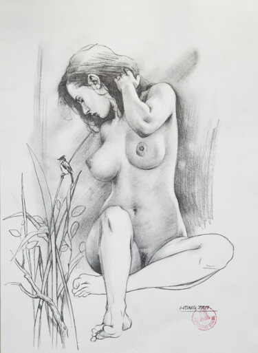 Drawing titled "Girl and bird" by Hongtao Huang, Original Artwork, Pencil