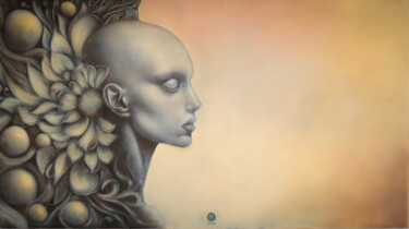 Enigma. Gray Female Portrait with Floral Texture 绘画 标题为“Enigma. Gray Female…” 由Alexandra Ros, 原创艺术品, 油 安装在木质担架架上