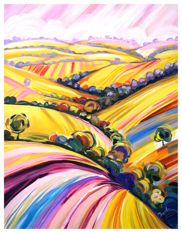 Painting titled "Golden Hills" by Trayko Popov, Original Artwork, Acrylic Mounted on Wood Stretcher frame