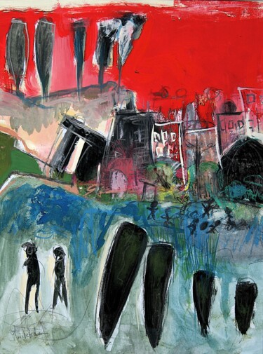 Картина под названием "Red Urban 3" - Hervé Marchelidon, Подлинное произведение искусства, Гуашь Установлен на картон