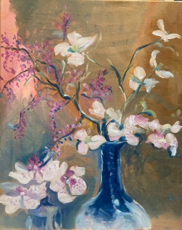 Pittura intitolato "Dogwood Booms in th…" da Michelle Moraczewski, Opera d'arte originale, Olio Montato su Telaio per barell…