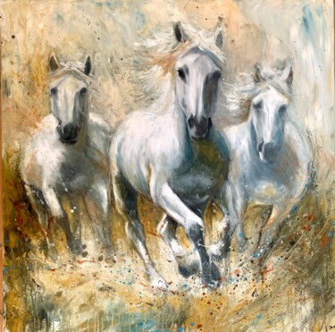 White horses Pintura intitulada "White horses" por Deborah Kerner, Obras de arte originais, Óleo Montado em Armação em madeira