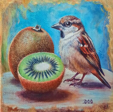 Sparrow and kiwi 绘画 标题为“Sparrow and kiwi” 由Sergey Suslov, 原创艺术品, 油 安装在纸板上