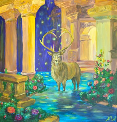 Stag of the Luminous Garden 绘画 标题为“Stag of the Luminou…” 由Natalia Wilkinson, 原创艺术品, 丙烯 安装在木质担架架上