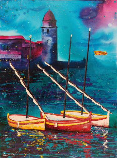 "Collioure barques c…" başlıklı Tablo Jean-Michel Canal tarafından, Orijinal sanat, Akrilik Ahşap Sedye çerçevesi üzerine mo…