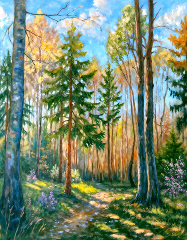May Evening Light in a Blooming Forest Digitale Kunst getiteld "May Evening Light i…" door Sergei Gundorov, Origineel Kunstwerk, Digitaal Schilderwerk