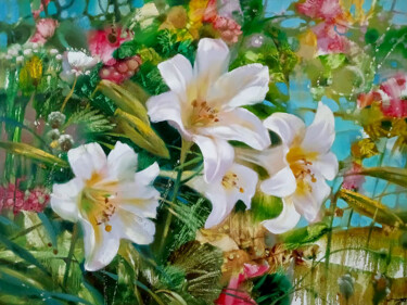 Painting titled "Summer flowers" by Anatoly Tarabanov, Original Artwork, Oil Mounted on Wood Stretcher frame