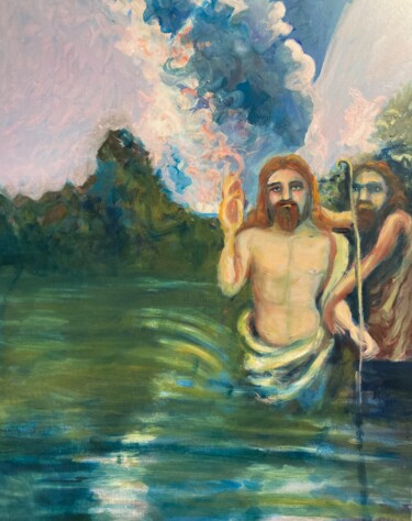 Ζωγραφική με τίτλο "The Baptism of Chri…" από Michelle Moraczewski, Αυθεντικά έργα τέχνης, Λάδι Τοποθετήθηκε στο Ξύλινο φορε…