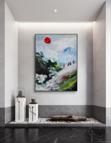 Red Sun Over Blossom Hill – Japanese Fantasy Painting Malerei mit dem Titel "Red Sun Over Blosso…" von Aloosan, Original-Kunstwerk, Öl Auf Keilrahmen aus Holz montiert
