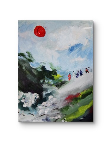 Red Sun Over Blossom Hill – Japanese Fantasy Painting 제목이 "Red Sun Over Blosso…"인 미술작품 Aloosan로, 원작, 기름 나무 들것 프레임에 장착됨