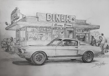 Classic Cars 1960s Ford Mustang Fastback GT350 - commission "Classic Cars 1960s…" başlıklı Resim James Bagatel tarafından, Orijinal sanat, Kalem