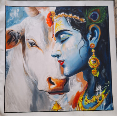 Krishna with cow painting on canvas "Krishna with cow pa…" başlıklı Tablo Shree Krishnam Arts Manish Vaishnav tarafından, Orijinal sanat, Akrilik