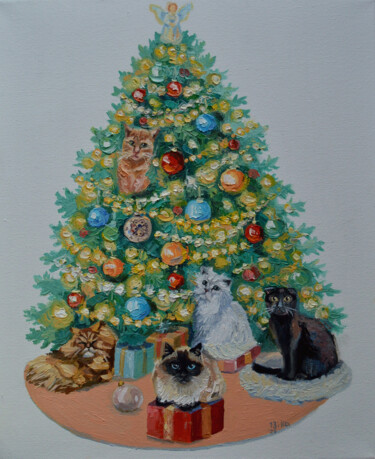 Schilderij getiteld "Christmas tree and…" door Viktoriia Slavinska, Origineel Kunstwerk, Olie