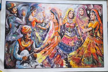 Traditional Folk Dance on Desert painting Schilderij getiteld "Traditional Folk Da…" door Shree Krishnam Arts Manish Vaishnav, Origineel Kunstwerk, Acryl