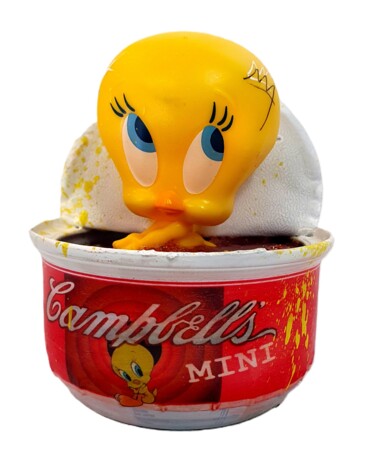 Tweety campbell's soup pop art graffiti sculpture unique Scultura intitolato "Tweety campbell's s…" da Pvettese, Opera d'arte originale, Spray