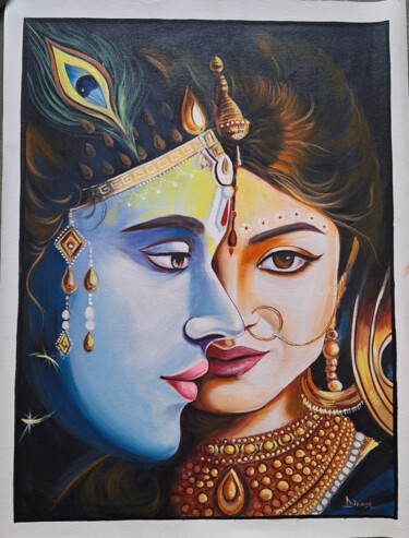 Pittura intitolato "Radha Krishna handm…" da Shree Krishnam Arts Manish Vaishnav, Opera d'arte originale, Acrilico