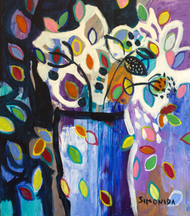 「Blue Vase」というタイトルの絵画 Simonida Djordjevicによって, オリジナルのアートワーク, アクリル ウッドストレッチャーフレームにマウント