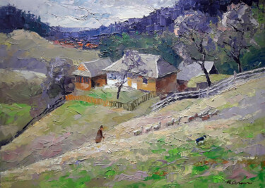 Manor under the mountain Schilderij getiteld "Manor under the mou…" door Boris Serdyuk, Origineel Kunstwerk, Olie Gemonteerd op Frame voor houten bra…