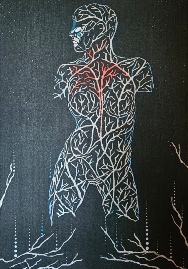 「Branches of Being」というタイトルの絵画 Petra Nikita Pavlovičováによって, オリジナルのアートワーク, インク ウッドストレッチャーフレームにマウント