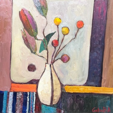 Abstract Still Life with Lilies Painting titled "Abstract Still Life…" by Ann Golub, Original Artwork, Oil Mounted on Wood Stretcher frame
