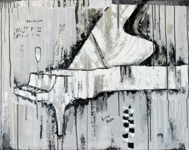 Claire de Lune: White Pearl Grand Piano Pittura intitolato "Claire de Lune: Whi…" da Kristina Mallen, Opera d'arte originale, Olio Montato su Telaio per barella in…